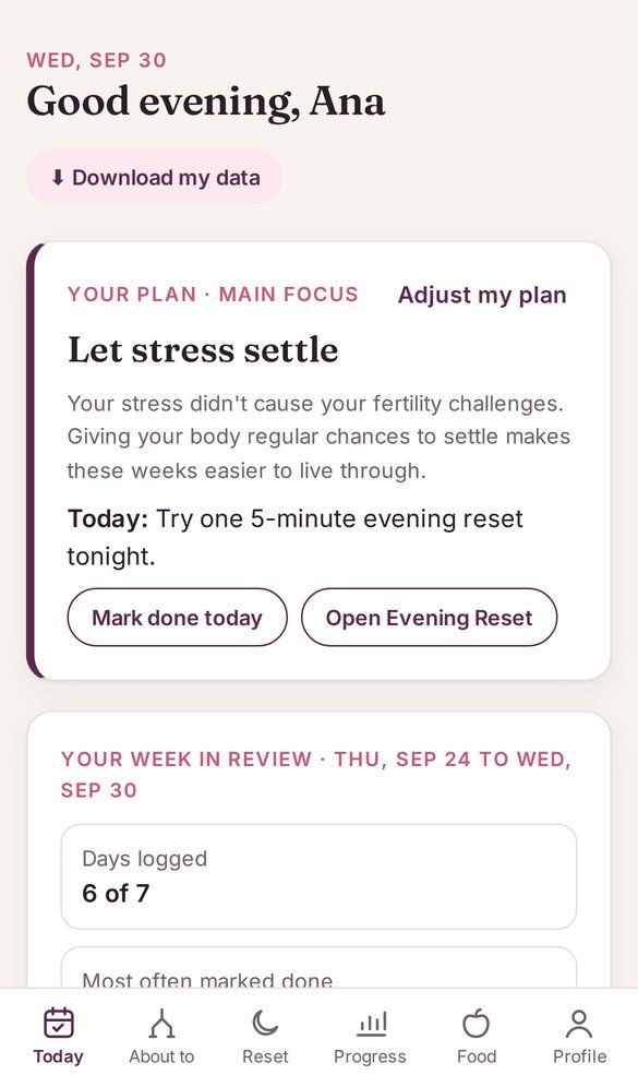 Today screen showing the main focus for the day